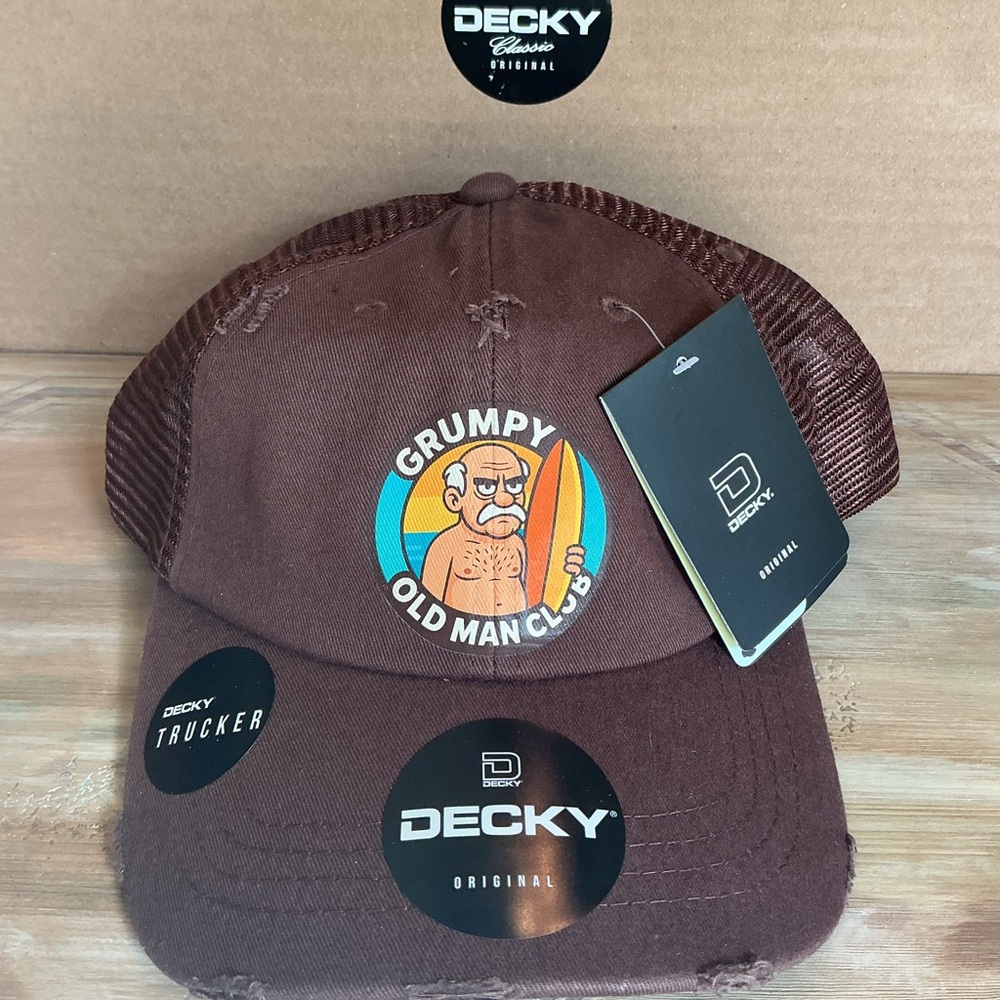 Decky Grumpy Old Man Club w/ surfboard distressed Chocolate Trucker Hat